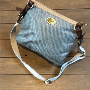 FOSSIL Explorer Woven Smokey Blue w/tan crossbody